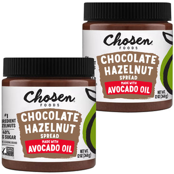 Chosen Foods Chocolate Hazelnut Spread - Made with 100% Pure Avocado Oil, Simple Ingredients, 40% Less Sugar, Vegan, Free of Pal