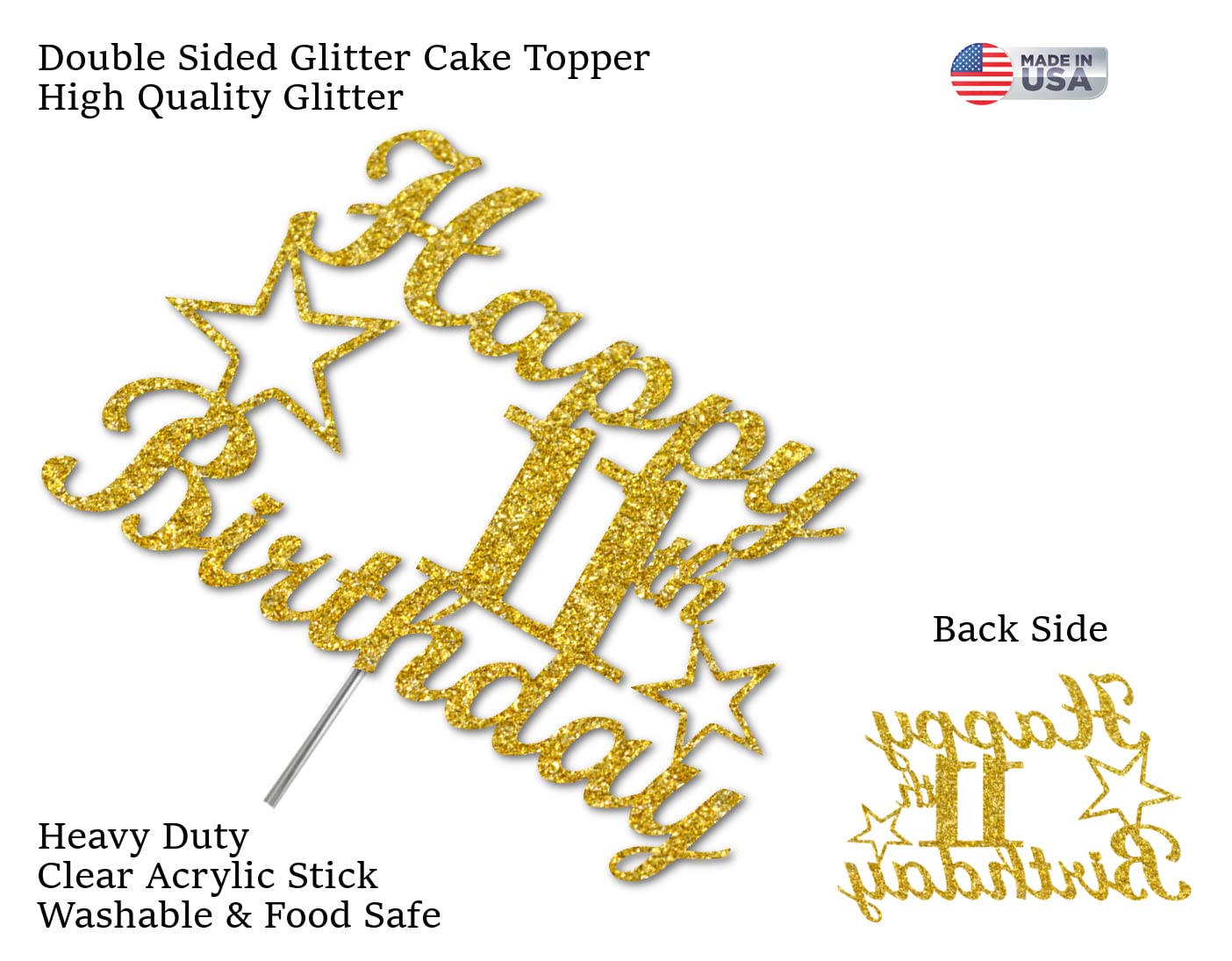 11 Birthday Cake Topper Gold Glitter, Party Decoration Ideas, Premium Quality, Sturdy Doubled Sided Glitter, Acrylic Stick. Made