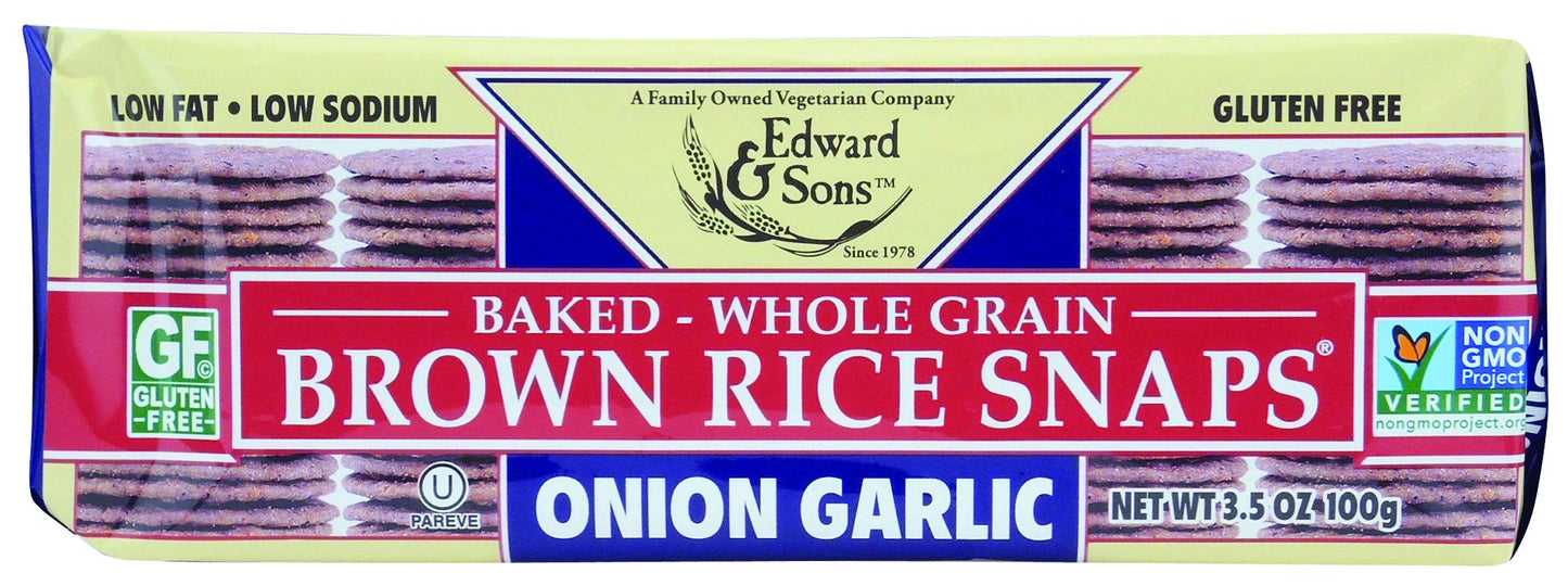Edward & Sons Brown Rice Snaps, Packs, Onion Garlic 3.5 Ounce (Pack of 12)