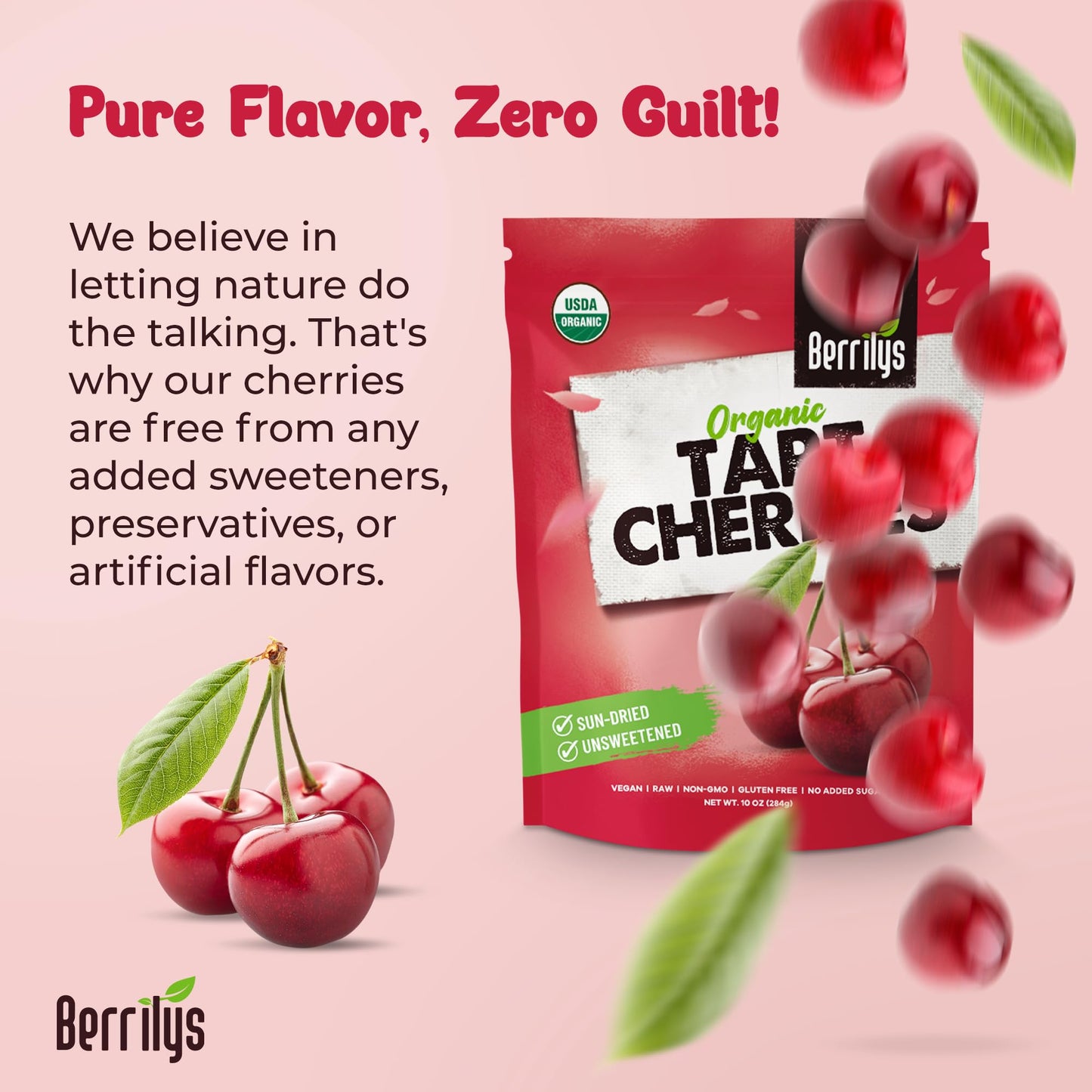Berrilys Organic Dried Tart Cherries – Sun-Dried - Natural Flavor - Pitted Cherries For Healthy Snacking - Packed With Nutrients - Ideal For Smoothies, Baked Goods, Or   - Resealable Bag - 10 Oz