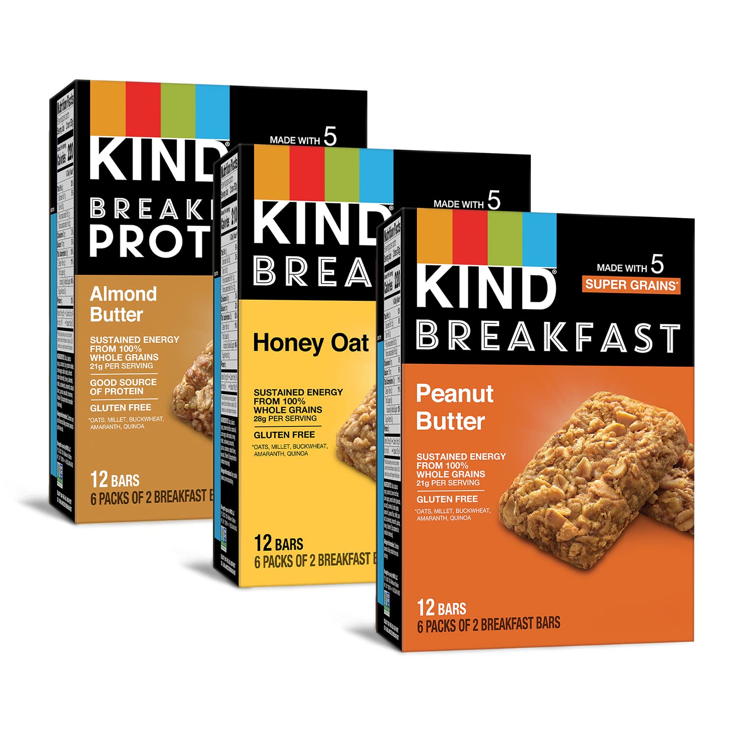 KIND Breakfast Bars Variety Pack, Honey Oat, Almond Butter, Peanut Butter, Gluten Free, 18 Count