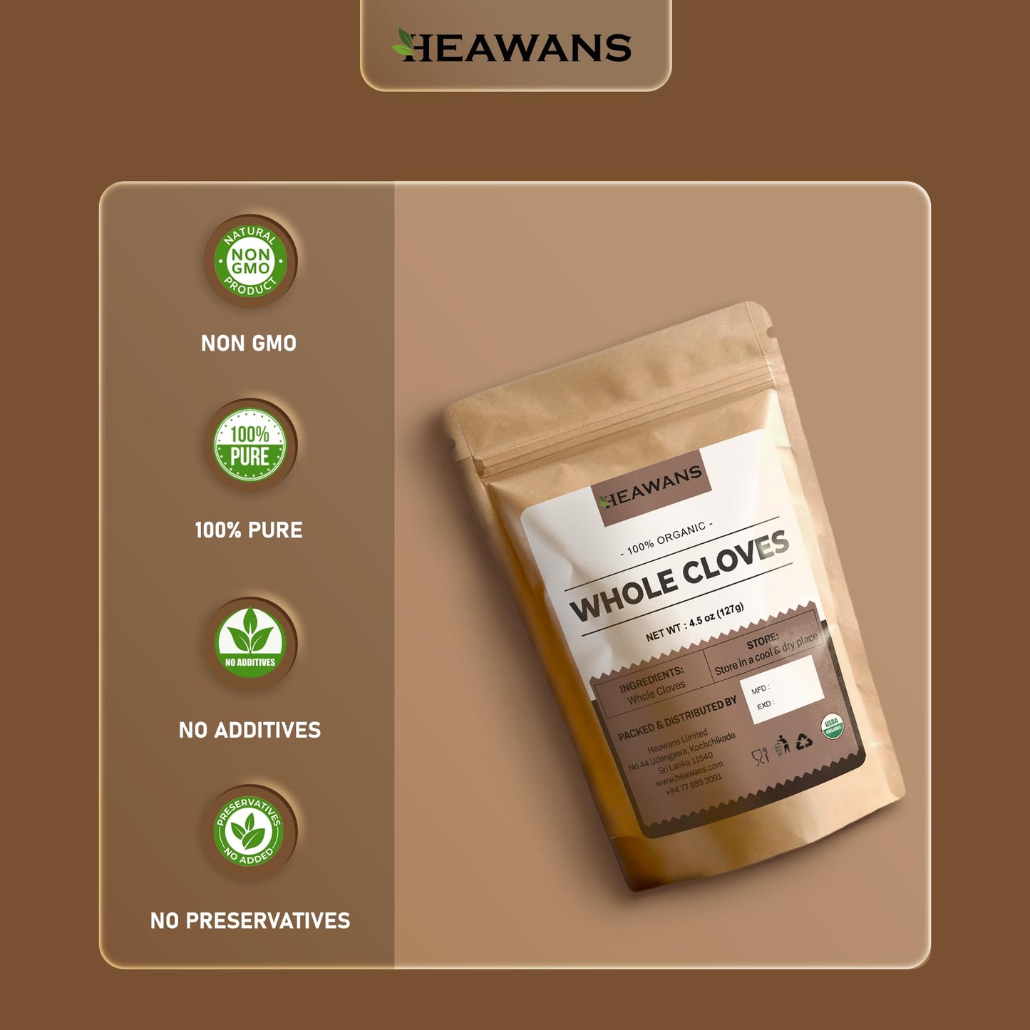 Heawans Hand Picked Premium Grade Organic Whole Cloves 4.5 Oz, Packed In A Usda Certified Farm.