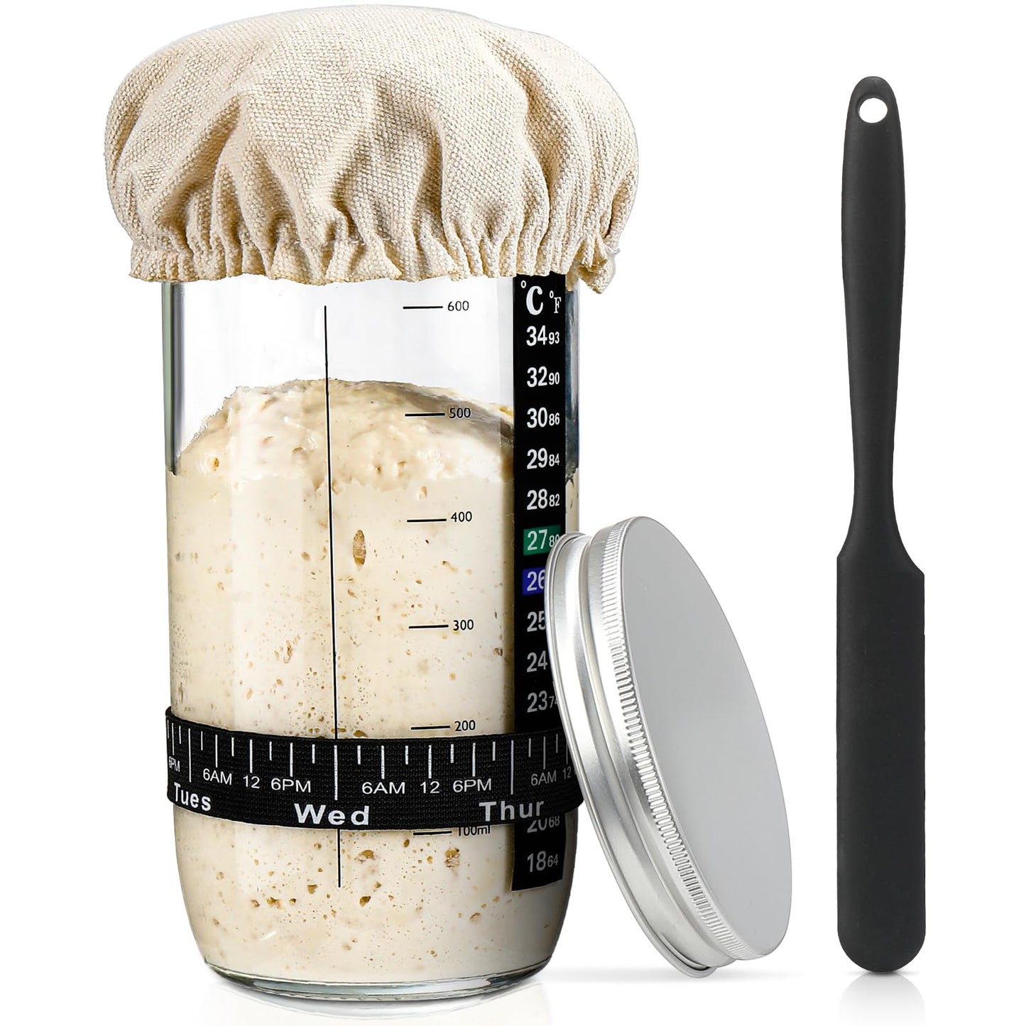 Sourdough Bread Baking Supplies 24 oz Sourdough Starter Jar Glass  Sourdough Starter Kit with Date Marked Feeding Band  Thermometer  Silicone Scr  Sewn Cloth Cover & Aluminum Lid  Sourdough Jar