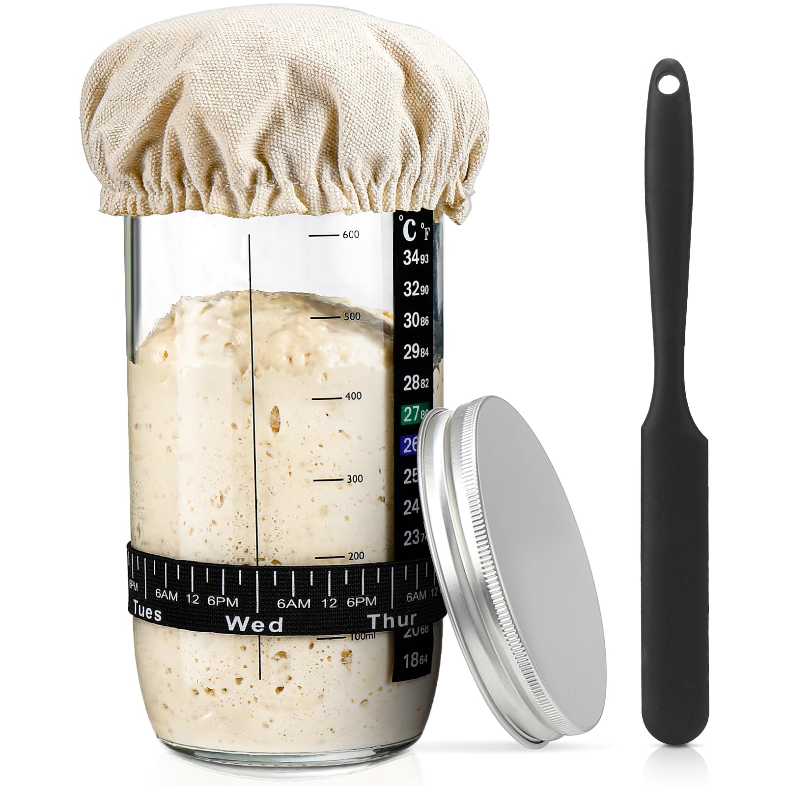Sourdough Bread Baking Supplies 24 oz Sourdough Starter Jar Glass  Sourdough Starter Kit with Date Marked Feeding Band  Thermometer  Silicone Scr  Sewn Cloth Cover & Aluminum Lid  Sourdough Jar