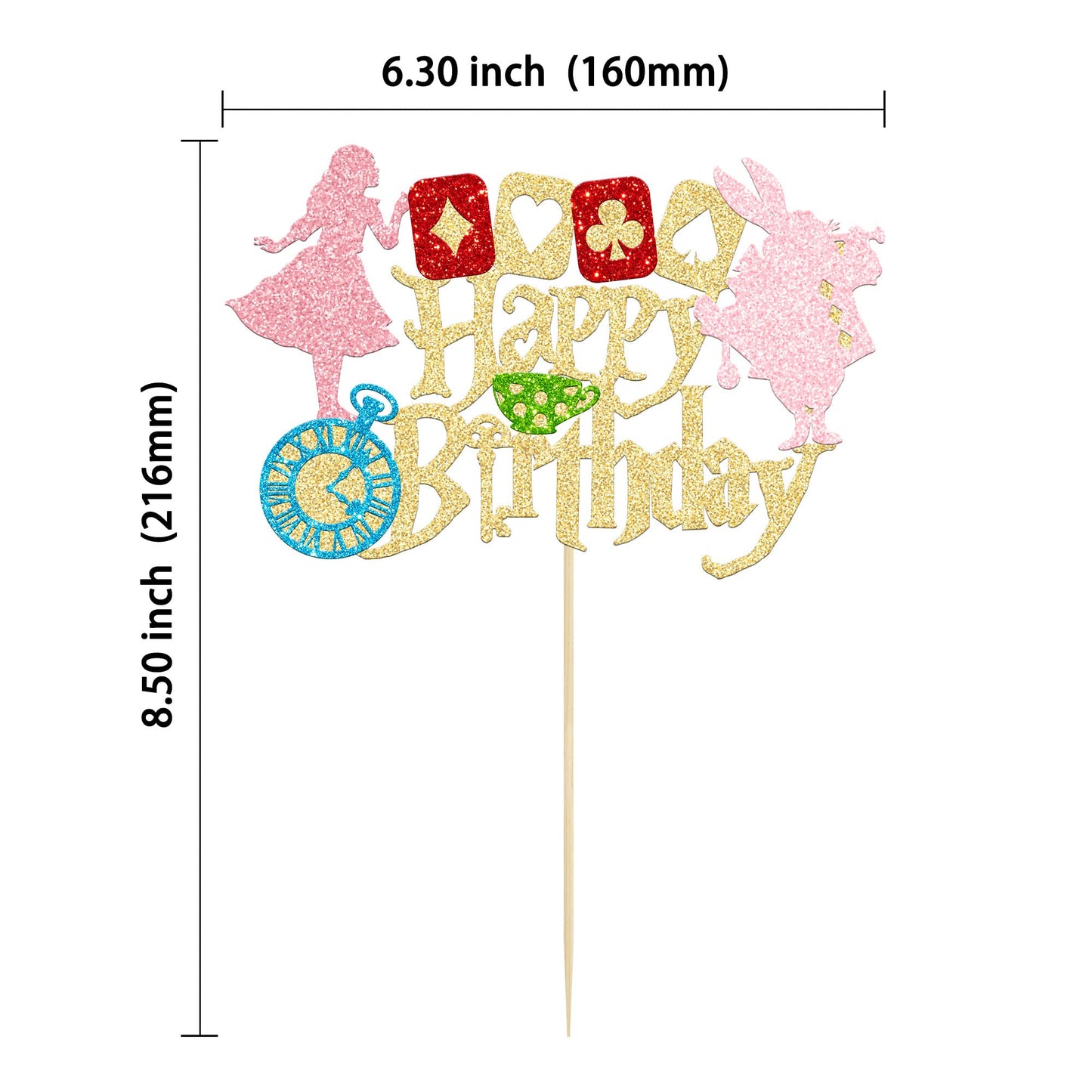 Gyufise Cake Topper Gold Glitter Alice in Wonderland Theme, Small, Paper