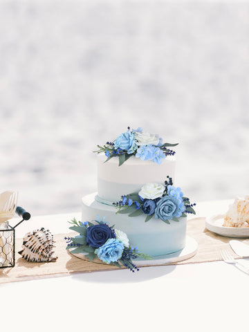 Rinlong 3Pcs Pre-Made Cake Flowers Navy Blue Cake Decorations Wedding Cake Decorating Flowers Decor Christening Birthday Baby Sh