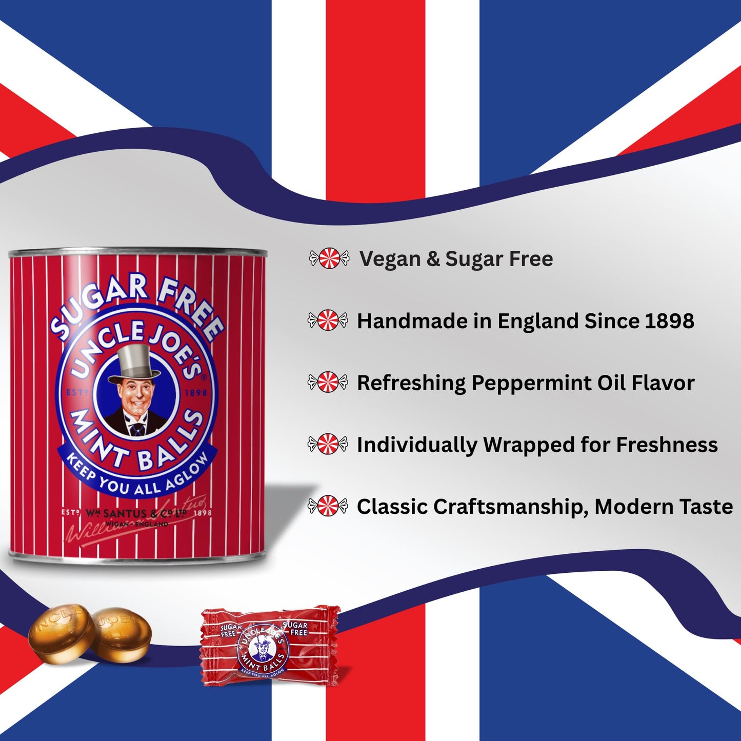 Uncle Joes Sugar Free Mint Balls | British Hard Candy Tins | Hand Cooked on Open Fires | Gluten-Free & Vegan | Individually Wra