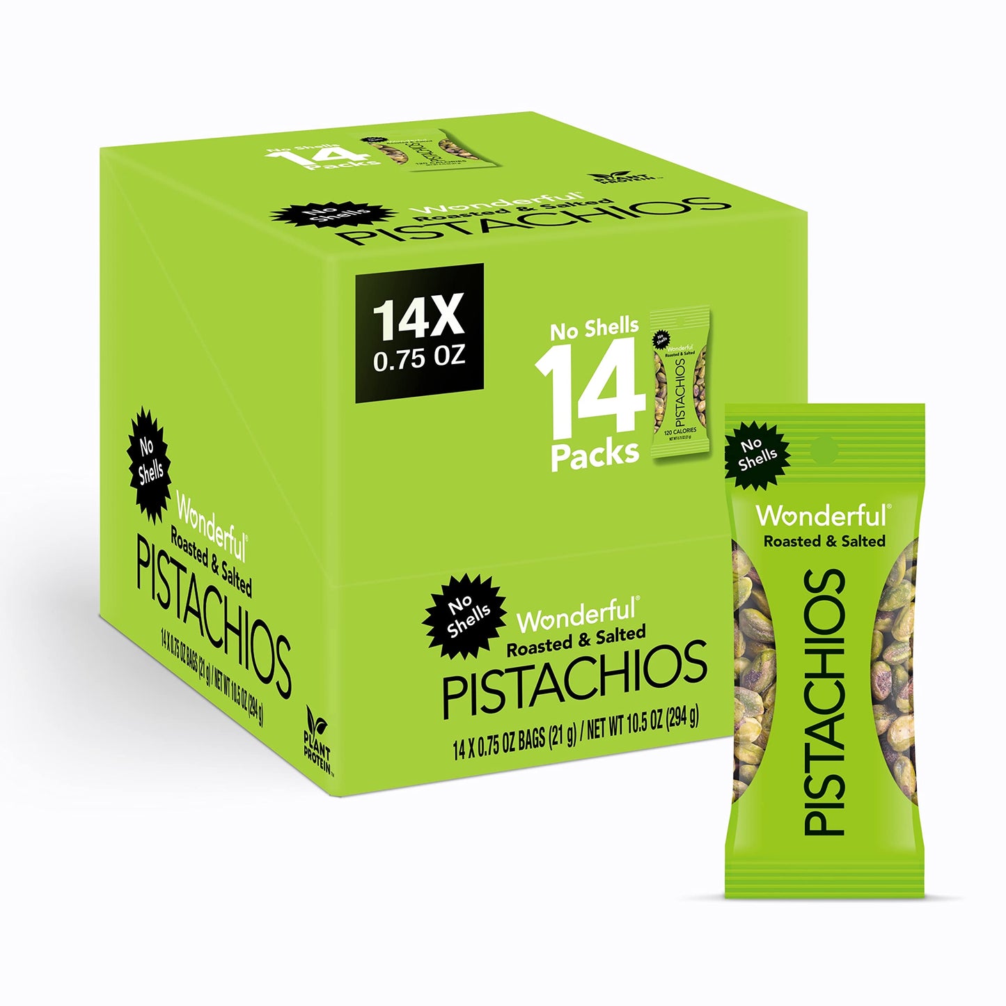 Wonderful Pistachios No Shells, Roasted & Salted Nuts, 0.75 Ounce Bag (Pack Of 14), Protein Snacks, Gluten Free, On-The-Go, Indi