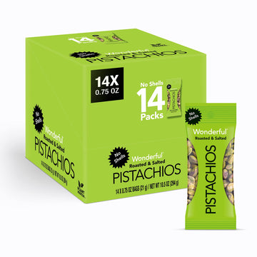 Wonderful Pistachios No Shells, Roasted & Salted Nuts, 0.75 Ounce Bag (Pack Of 14), Protein Snacks, Gluten Free, On-The-Go, Indi