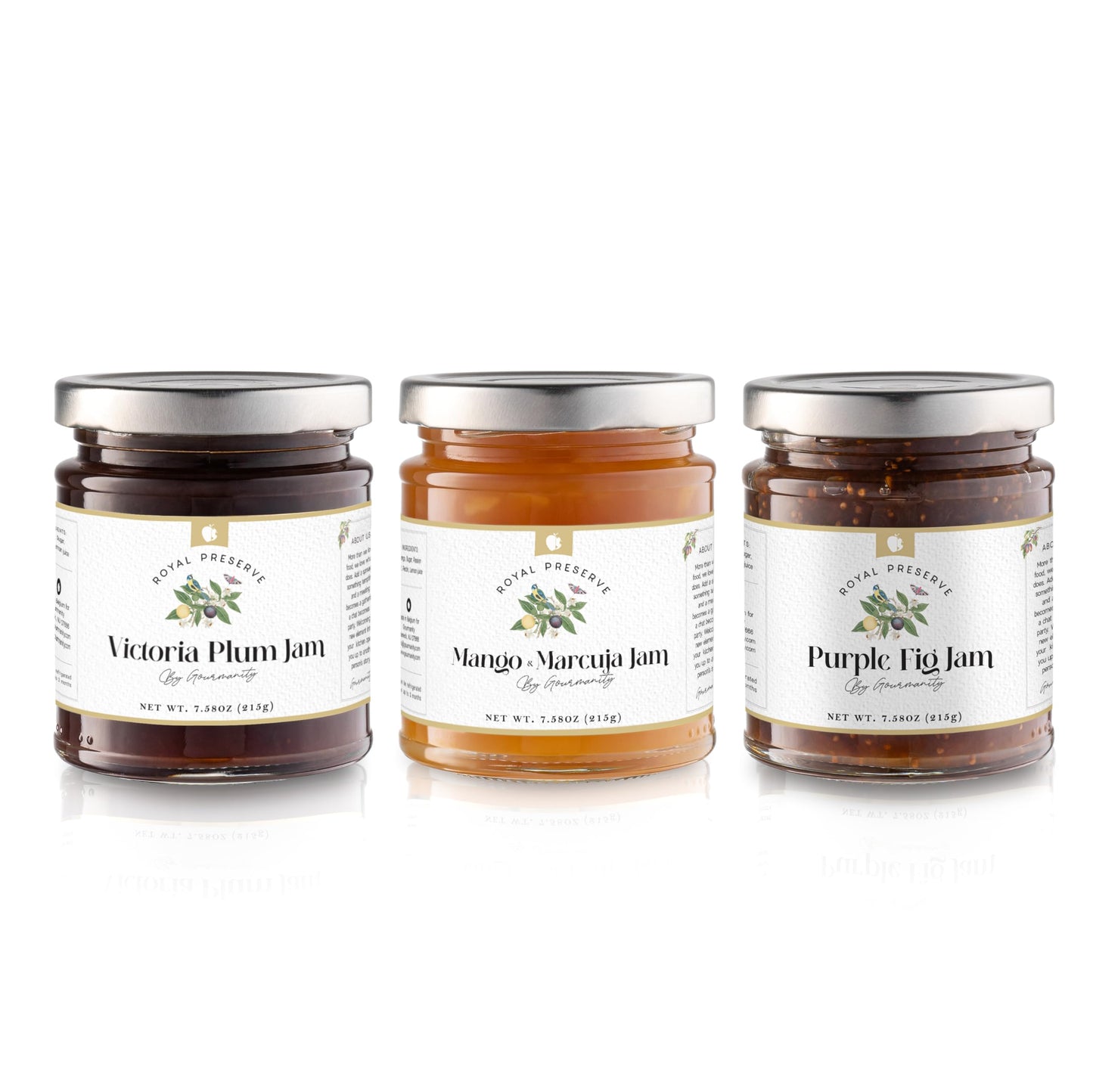 Gourmanity Set of 3 Jam Gift Set, Jellies and Preserves Assortment - Victoria Plum Jam, Purple Fig Jam and Mango and Passion Fru
