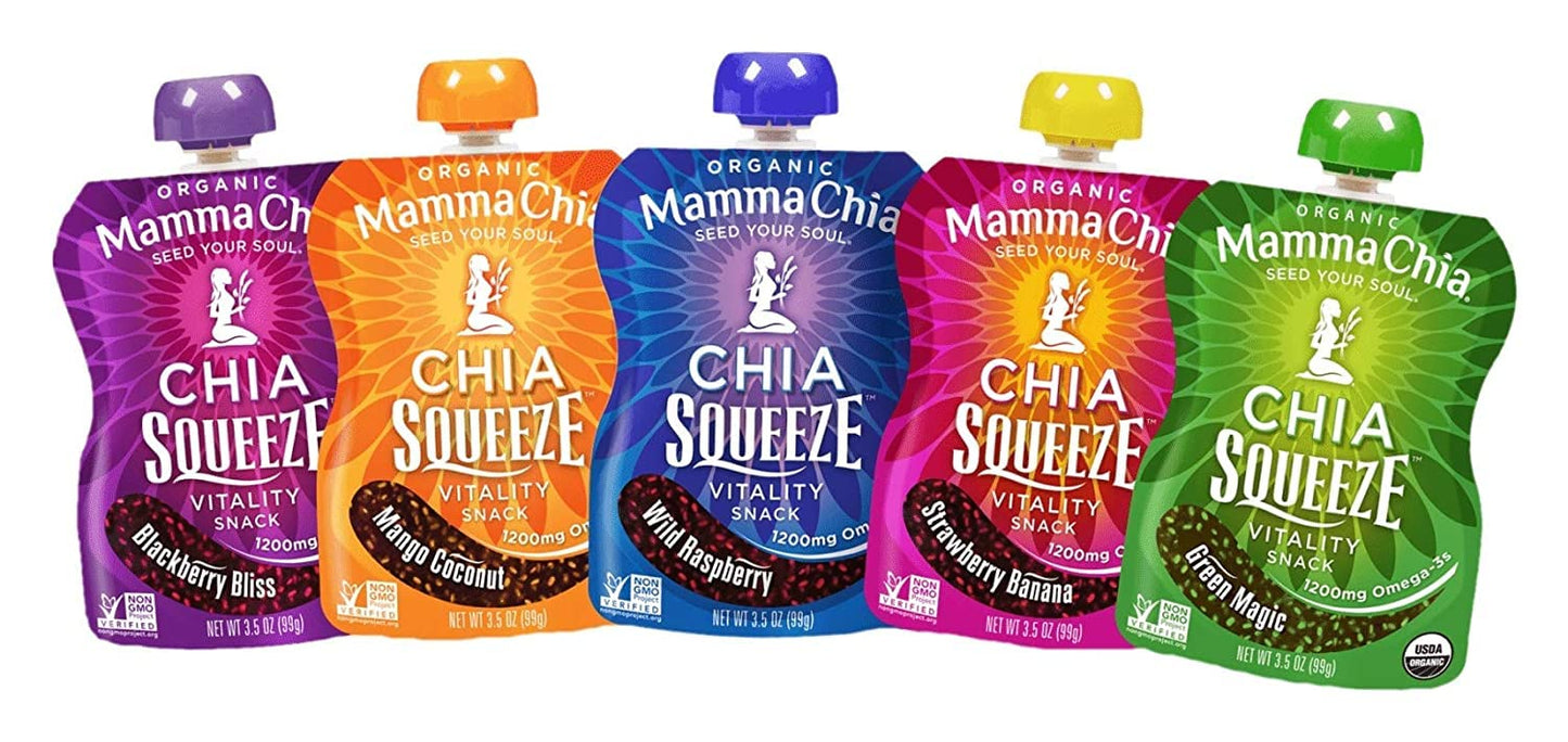 Mamma Chia Squeeze 5 Variety (10 Pack) Wild Raspberry,Green Magic,Blackberry Bliss,Strawberry ,Mango Coconut