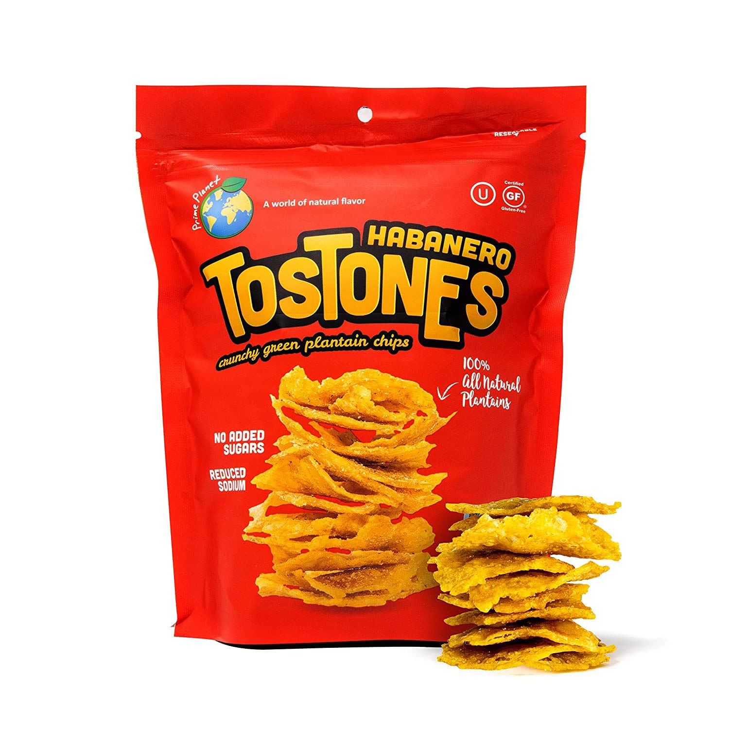 Prime Planet TOSTONES Crunchy Habanero Plantain Chips, 3.53 Oz, Re-Sealable Bag