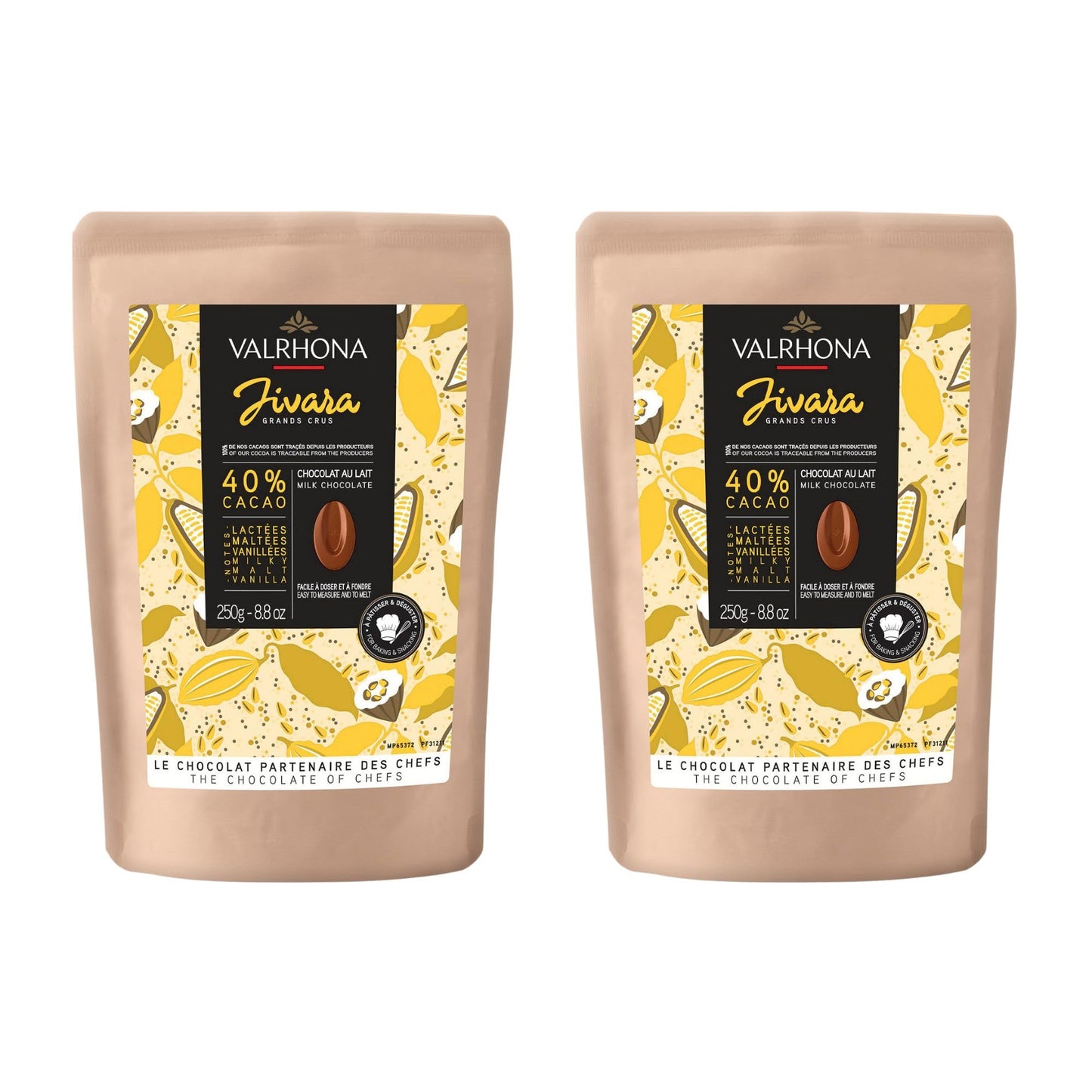 Valrhona Top-Grade French Baking Creamy Milk Chocolate Discs (Feves). Jivara 40% Cacao. Easy Melt And Tempering. Hints Of Vanilla And Malt. For Cookies  Mousses  Frostings And Candies 250G (Pack Of 2)