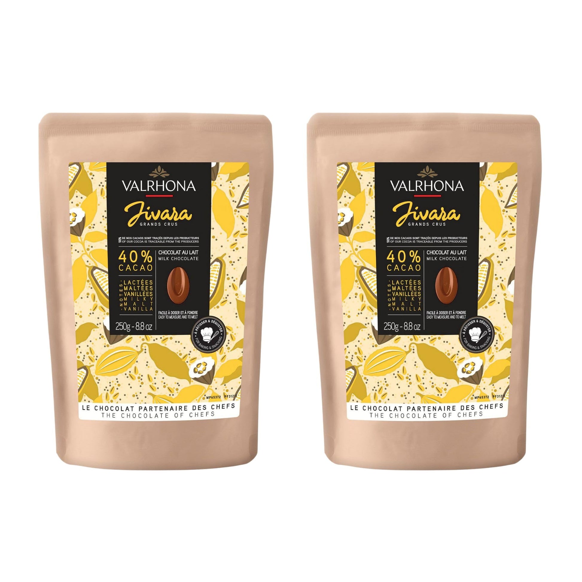Valrhona Top-Grade French Baking Creamy Milk Chocolate Discs (Feves). Jivara 40% Cacao. Easy Melt And Tempering. Hints Of Vanilla And Malt. For Cookies  Mousses  Frostings And Candies 250G (Pack Of 2)