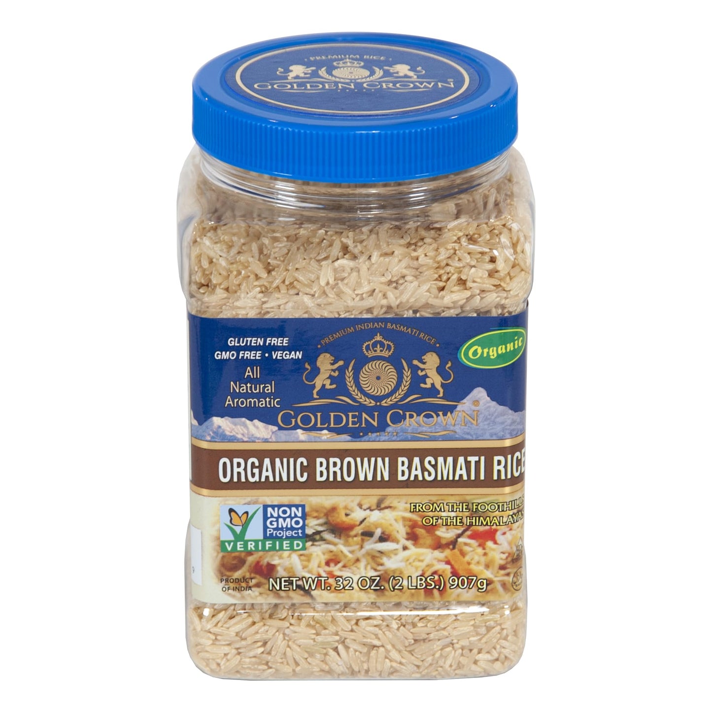 Golden Crown Organic Brown Basmati Rice - Gluten-Free, Kosher & Halal - 32 oz (2LB) - Naturally Long Aged, Non-Sticky, Fluffy