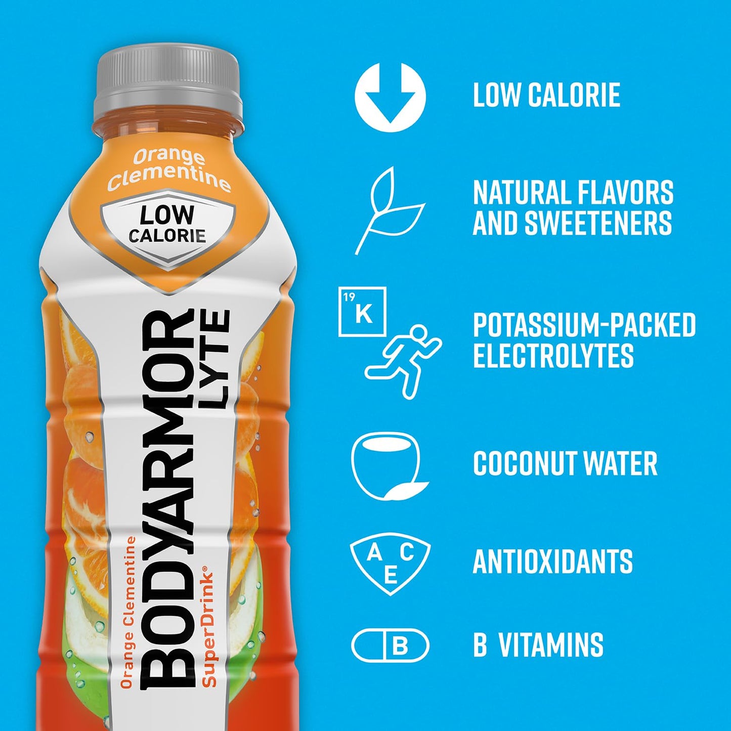BODYARMOR LYTE Sports Drink, Low-Calorie Orange Clementine, 16 Oz (Pack of 12), Coconut Water Hydration, Potassium-Packed Electrolytes
