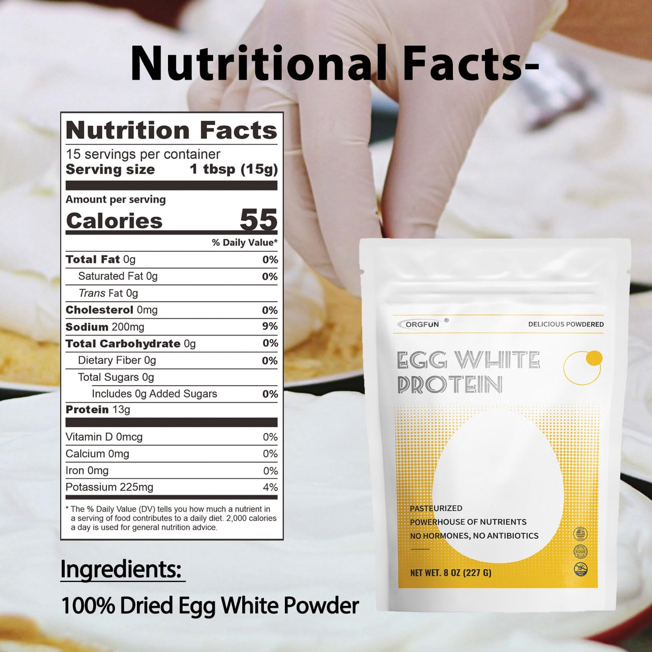 ORGFUN Egg White Powder 8 Oz, Pasteurized Egg White Powder, Gluten-Free, Non-GMO, Made in USA