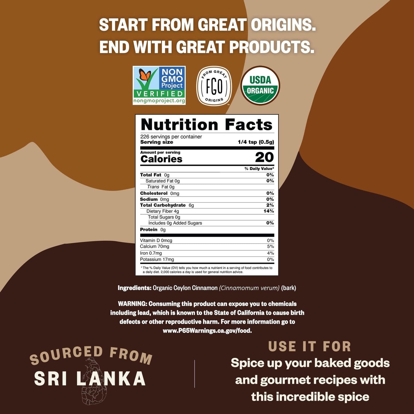 FGO Organic Ceylon Cinnamon Powder - 16oz Non-GMO Spice for Baking & Cooking, Additive Free