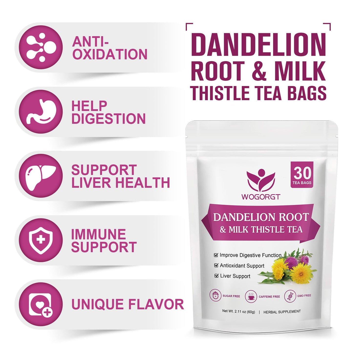 WOGORGT Dried Dandelion Root and Milk Thistle Herbal Tea Bags - Caffeine Free, 30 Count