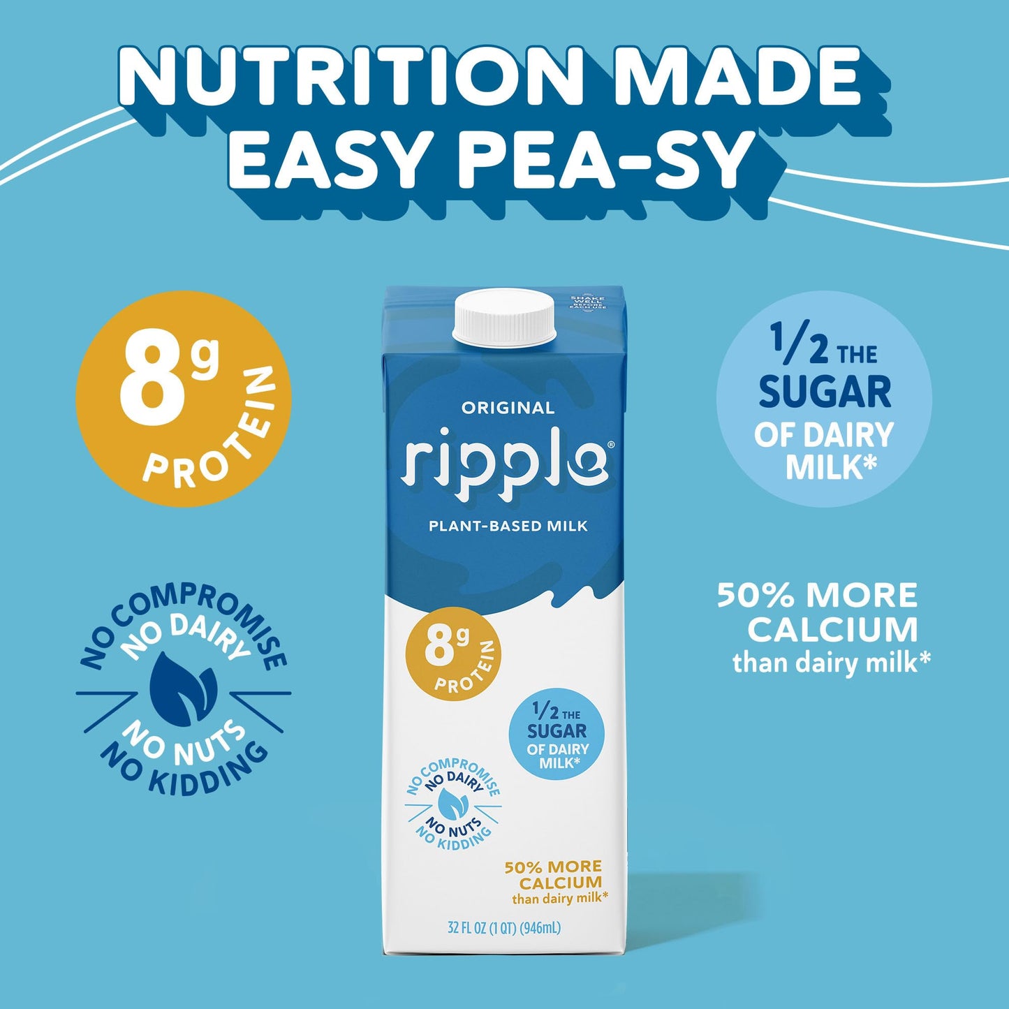 Ripple Original Plant Based Milk | 8g of Quality Sourced Pea Protein, Calcium Rich | Shelf Stable | Vegan & Non GMO Certified |