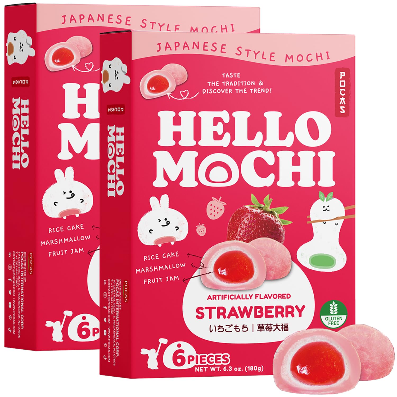 Pocas Hello Mochi, Strawberry 2-Pack - Soft and Chewy Japanese Snacks, Sweet Rice Cake, Marshmallow & Strawberry Jam Dessert, Gl