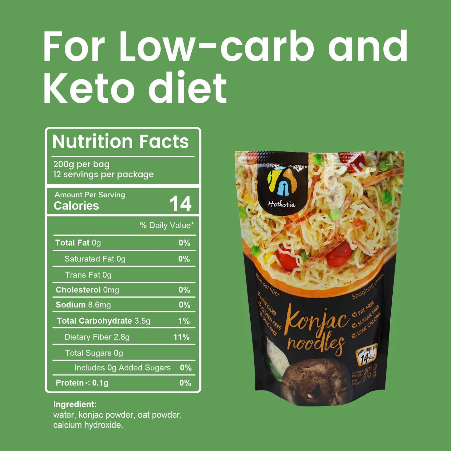 Hethstia Shirataki Noodle Diet Spaghetti Low-Carb Pasta Oat Flavor Plant Based Konjac Noodle Sugar Free, Paleo-Friendly, Gluten-