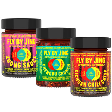 Flybyjing Variety Pack W/Sichuan Chili Crisp, Zhong Sauce & Chengdu Crunch, All Natural & Vegan, Perfect Hot Sauce Gift For Food