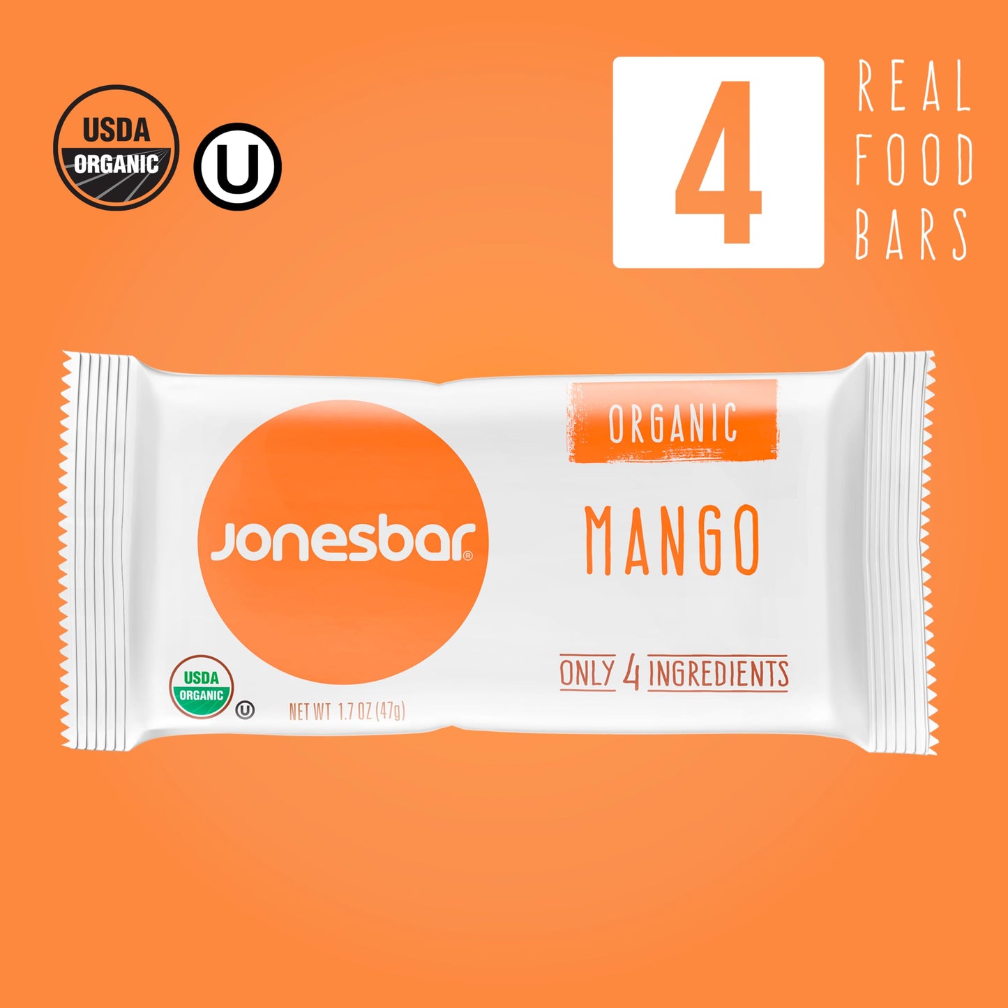 Jonesbar (Mango Almond, 4 Count (Pack Of 1)), Usda Organic Fruit & Nut Bar, Non-Gmo, Kosher, Vegan, Gluten Free, Simple Snack Ba