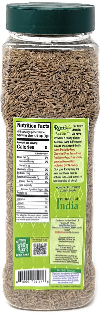 Rani Organic Cumin Seeds Whole (Jeera Sabut) 16Oz (1Lb) 454G Pet Jar ~ All Natural | Vegan | Gluten Friendly | Non-Gmo | Indian