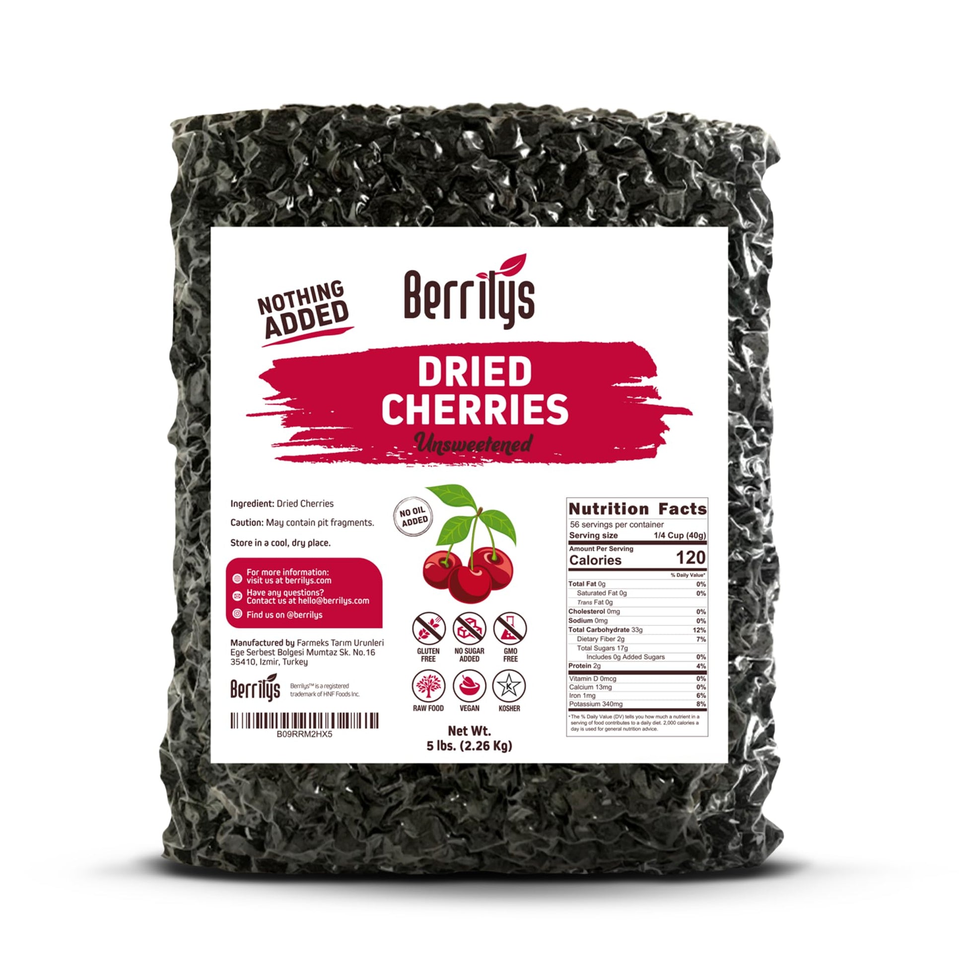 Berrilys Dried Cherries, 5 lbs, Dark Sweet Cherries, Pitted, Healthy Snacking, Great as a Baking Ingredient, No Added Sugar, Non