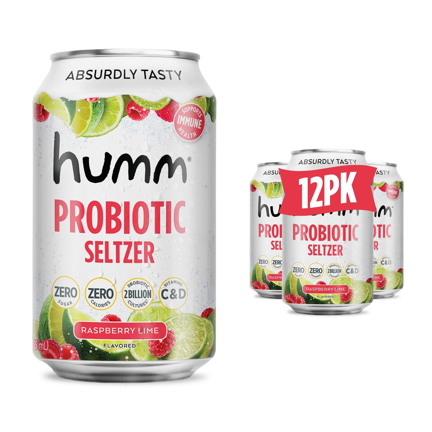 Humm Raspberry Lime Sparkling Water - Zero Sugar Seltzer - 12 Fl Oz (Pack of 12) - Whole30 Approved Probiotic Drink with Vitamins