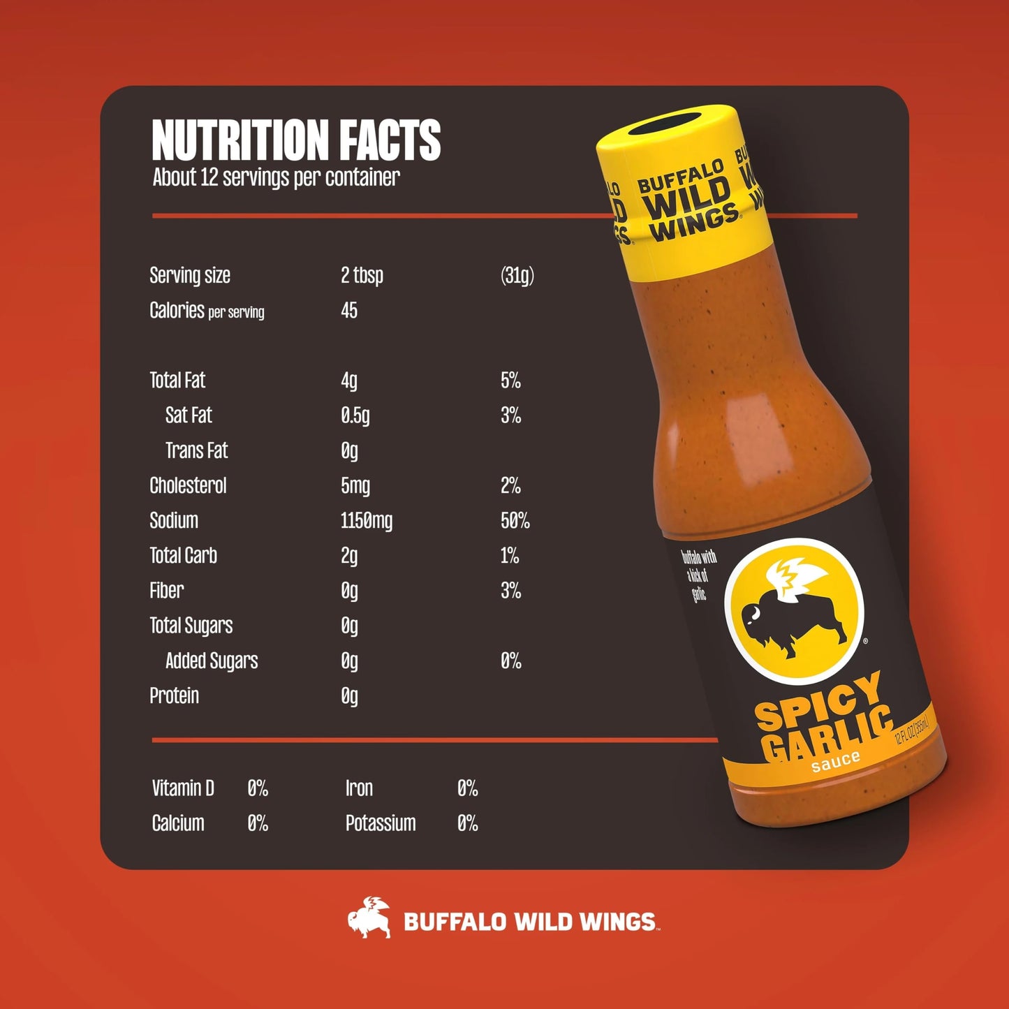Buffalo Wild Wings Spicy Garlic Buffalo Sauce, 12 fl. oz., Made with Cayenne Pepper, Garlic and Tamarind, Perfect Dipping Sauce,