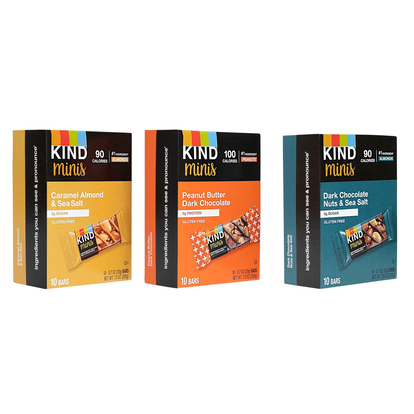 Kind Minis, Variety Pack. Contains 1 Peanut Butter Dark Chocolate, 1 Caramel Almond & Sea Salt, And 1 Dark Chocolate Nuts & Sea 