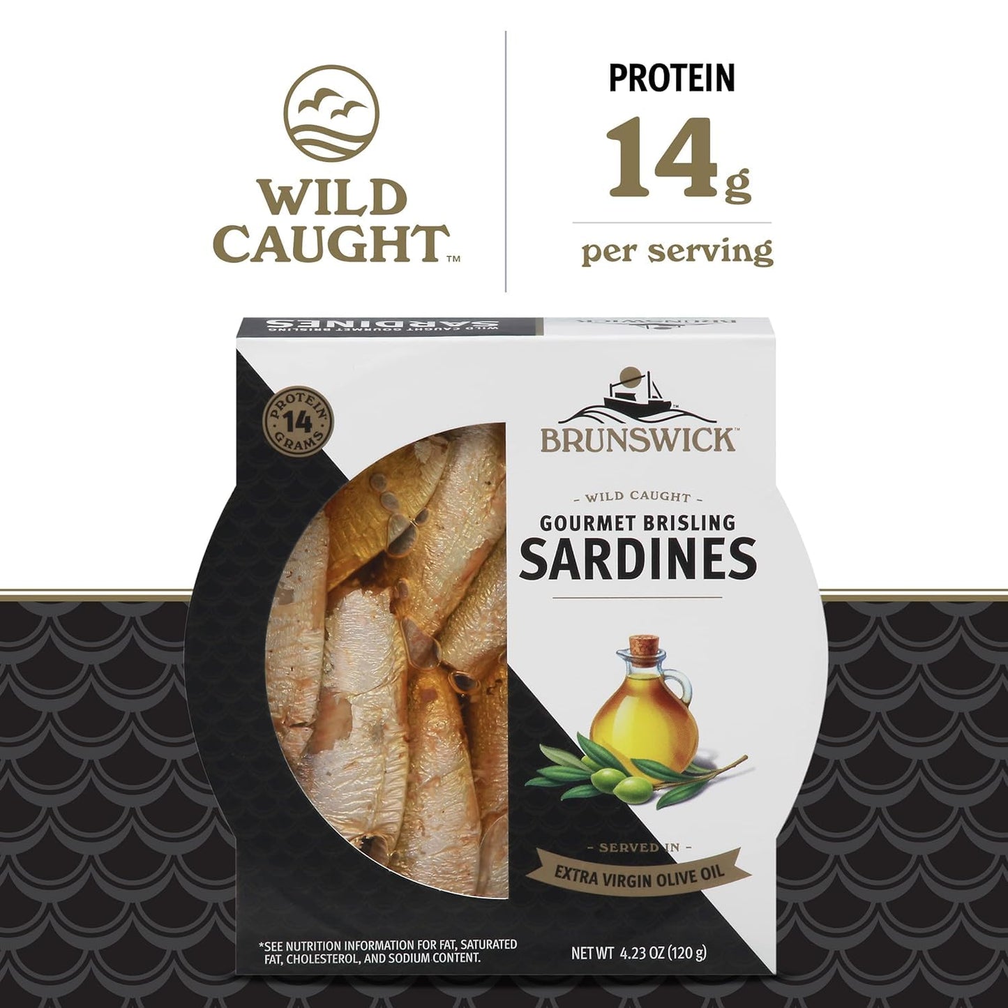 Brunswick Gourmet Brisling Sardines in Extra Virgin Olive Oil, 4.23 oz - Wild Caught, 14g Protein, Gluten Free, Keto Friendly
