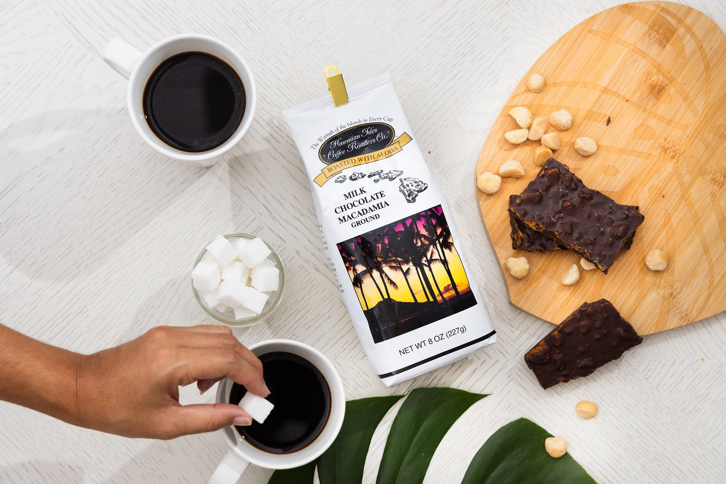 Hawaiian Isles Coffee Milk Chocolate Macadamia Flavored, Light Roast Ground Coffee, Roasted With Aloha - 8 Ounce Bag
