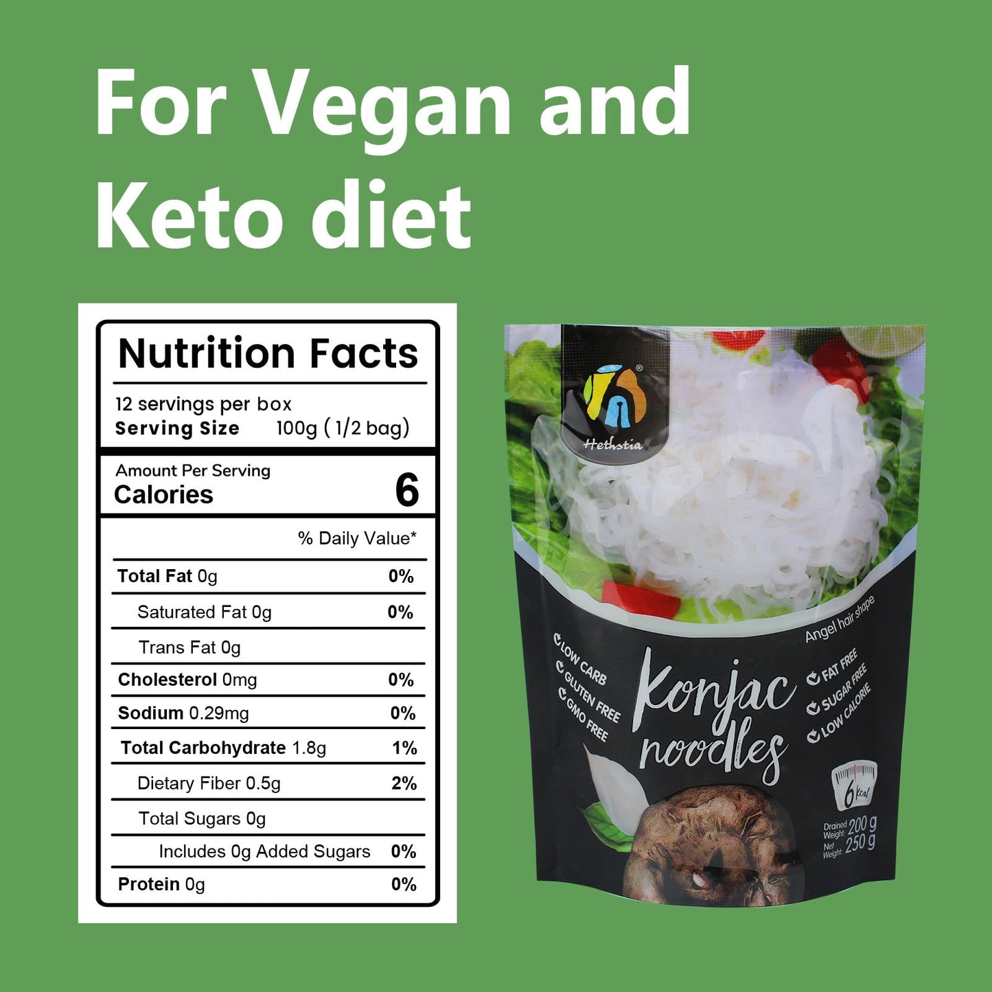 Hethstia Konjac Noodle Angel Hair - Low Calorie Shirataki Noodle, Low-Carb Miracle Pasta, Sugar-Free, Gluten-Free, 52.91 Oz Konj