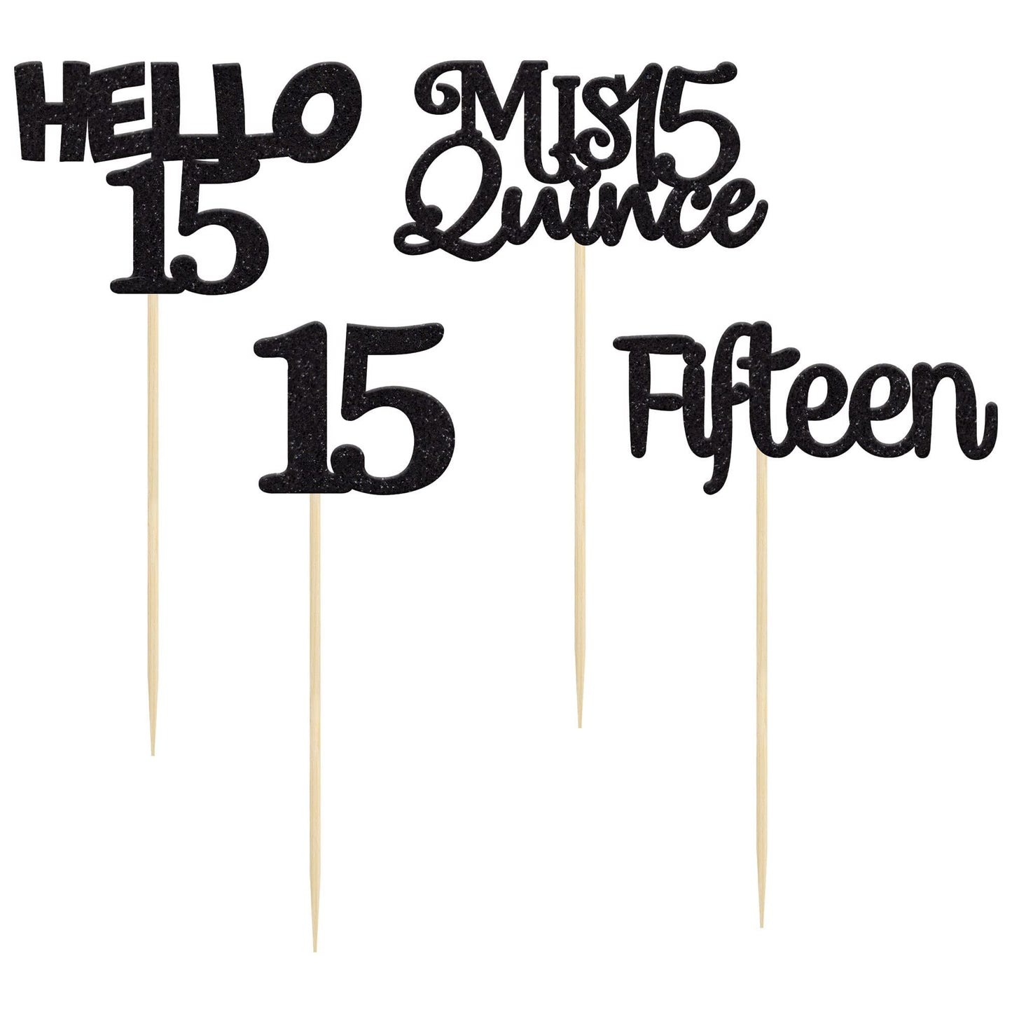 Gyufise 24Pcs Black Glitter 15Th Birthday Cupcake Toppers Mis Quince 15 Cake Toppers Hello 15 Fifteen Cupcake Picks For 15Th Bir