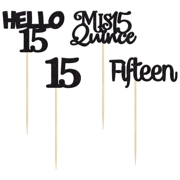 Gyufise 24Pcs Black Glitter 15Th Birthday Cupcake Toppers Mis Quince 15 Cake Toppers Hello 15 Fifteen Cupcake Picks For 15Th Bir