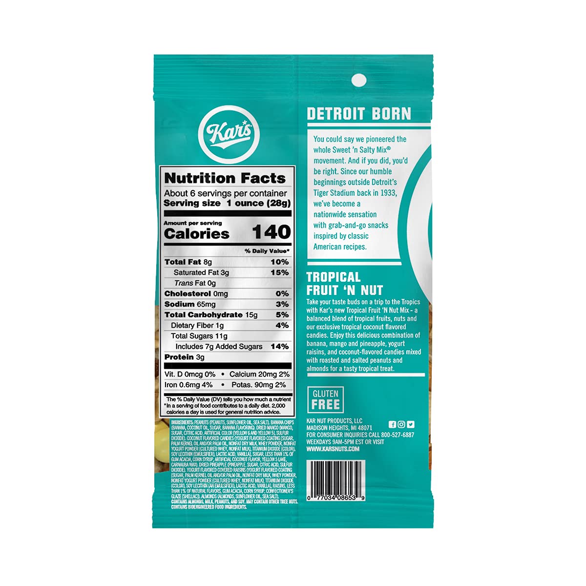 Kars Nuts Tropical Fruit N Nut Trail Mix, 5.5 oz Resealable Pouch (Pack of 12), Gluten-Free Trail Mix Snack