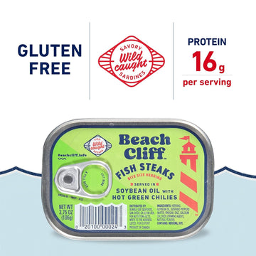 Beach Cliff Wild Caught Fish Steaks In Soybean Oil With Hot Green Chilies, 3.75 Oz Can (Pack Of 12) - 16G Protein Per Serving -