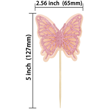 Gyufise 24 Pack Pink Glitter Butterfly Cupcake Toppers 3D Double Layer Pink Butterfly Cake Toppers Butterfly Theme Party Decorat
