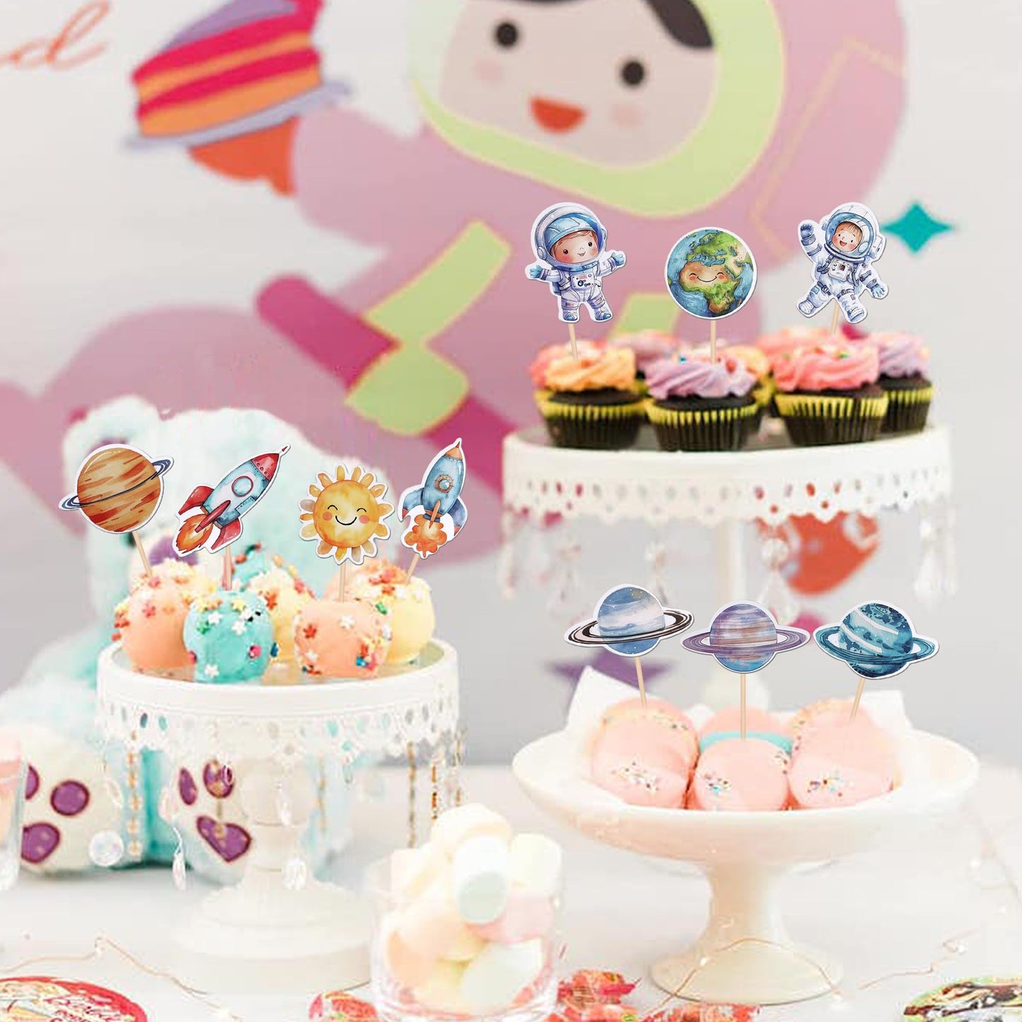 40 Pcs Space Astronaut Cupcake Toppers Sun Planet Rocket Spaceship Trip To The Moon Cupcake Food Picks For Universe Outer Space