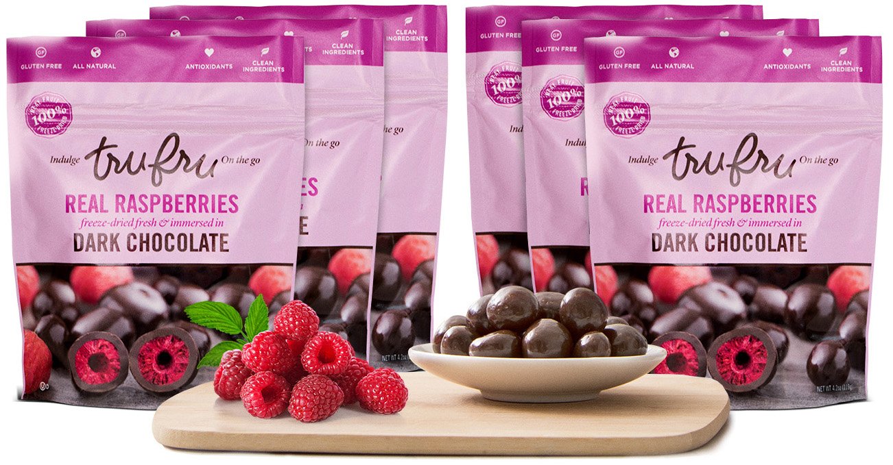 Tru Fru Raspberry Pack | 100% Freeze-Dried Fresh Raspberries Covered In Premium Dark Chocolate. 6Ct-Pack Case, 4.2Oz, 24 Serving