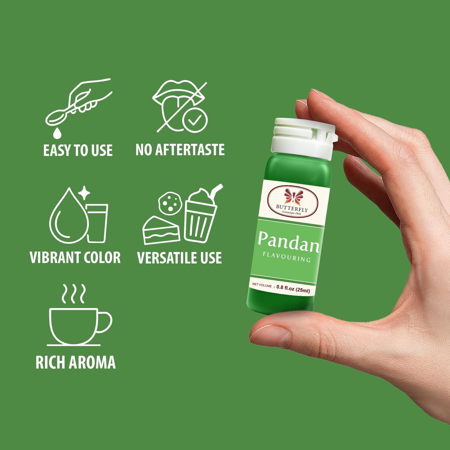 Butterfly Pandan Flavoring Extract 0.8 Oz (25 ml) - Paste-Strength Pandan Extract for Baking, Drinks, Waffle Mix, Buko Desserts,