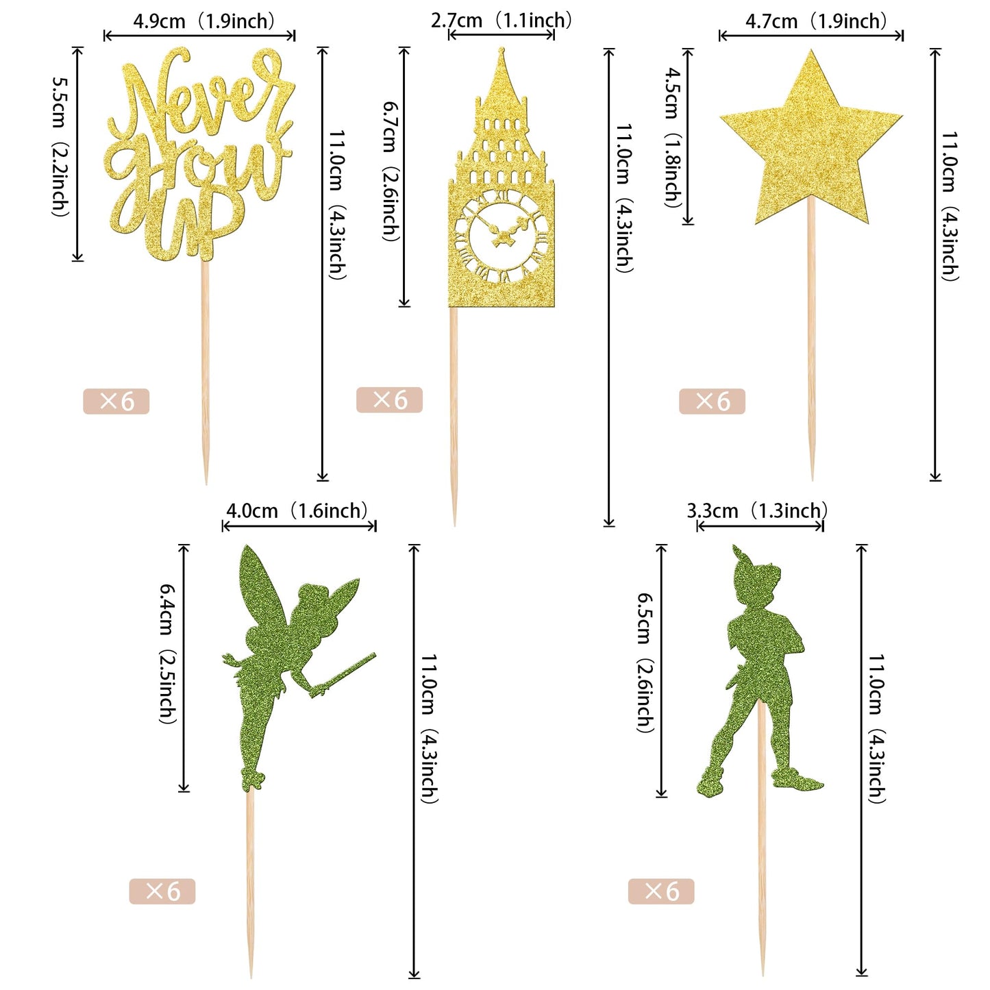 ZHUOWEISM Cupcake Toppers, 30 PCS Glitter Peter Pan Clock Tower Picks, Gold Green Design, Paper Decorations for Baby Shower, Birthday Party