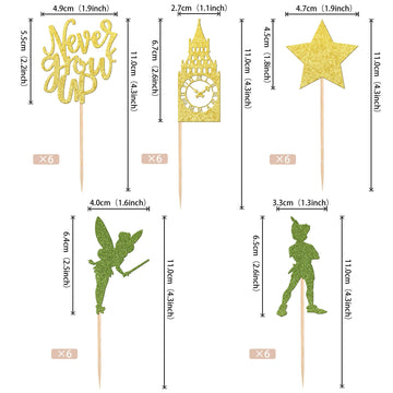 ZHUOWEISM Cupcake Toppers, 30 PCS Glitter Peter Pan Clock Tower Picks, Gold Green Design, Paper Decorations for Baby Shower, Birthday Party