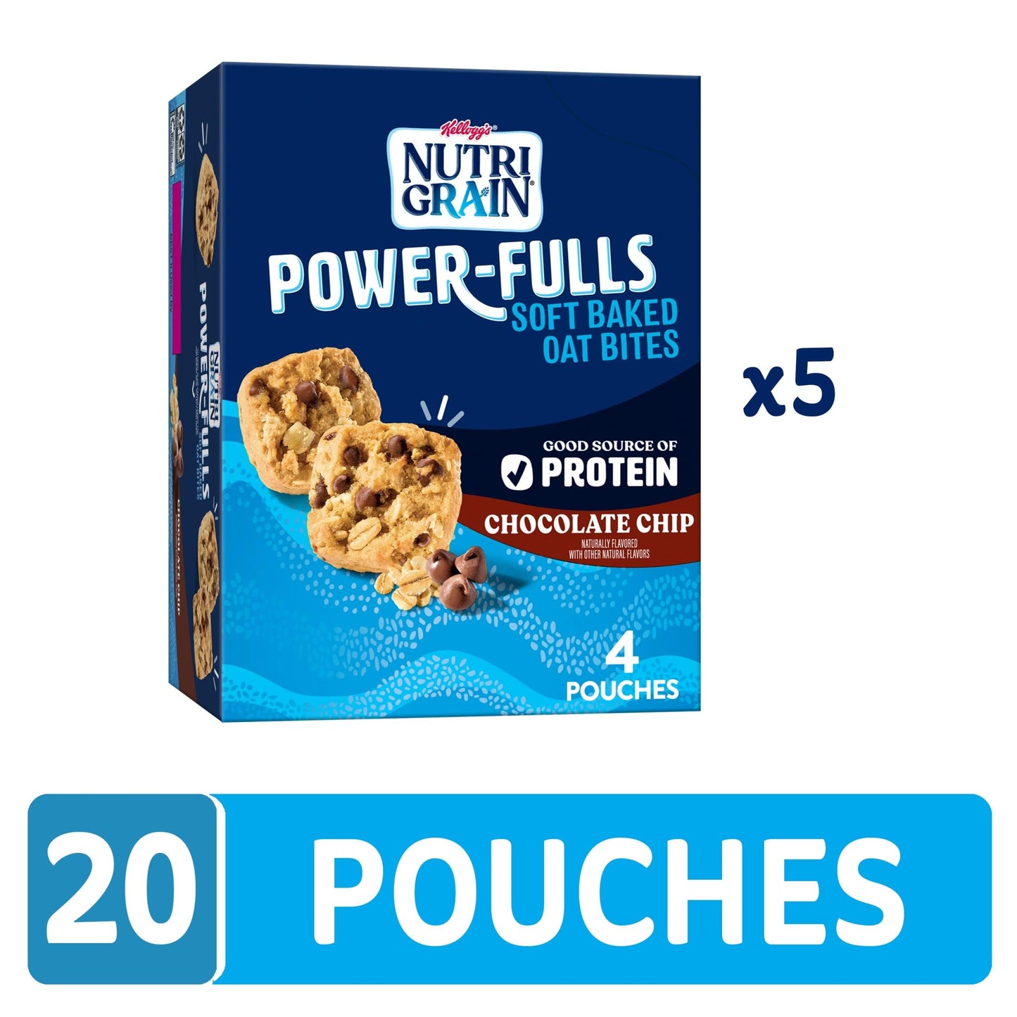 Nutri-Grain Power-Fulls Soft Baked Oat Bites, Protein Snacks, Whole Grain, Chocolate Chip (5 Boxes, 20 Pouches)