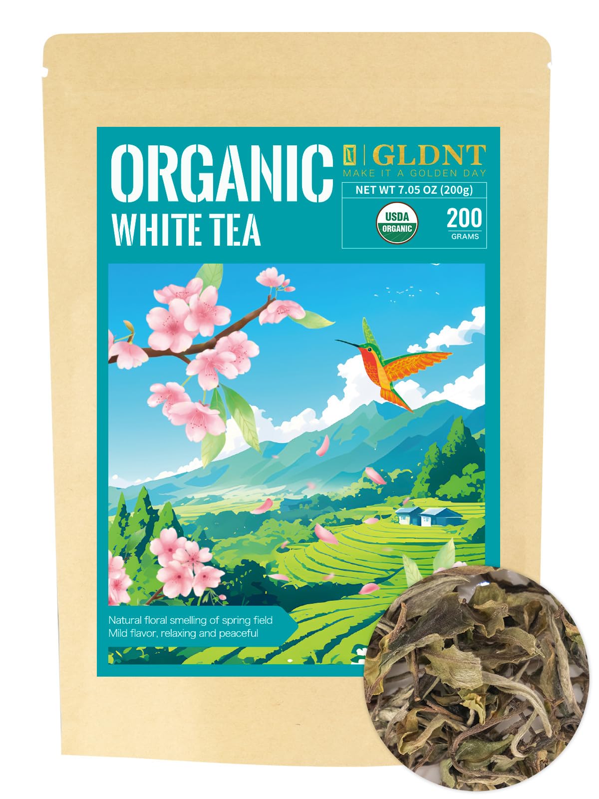 Gldnt Organic White Tea, Enhanced Organic White Tea Loose Leaf, Mild & Smooth Taste, Low Caffeine, 7 Ounce