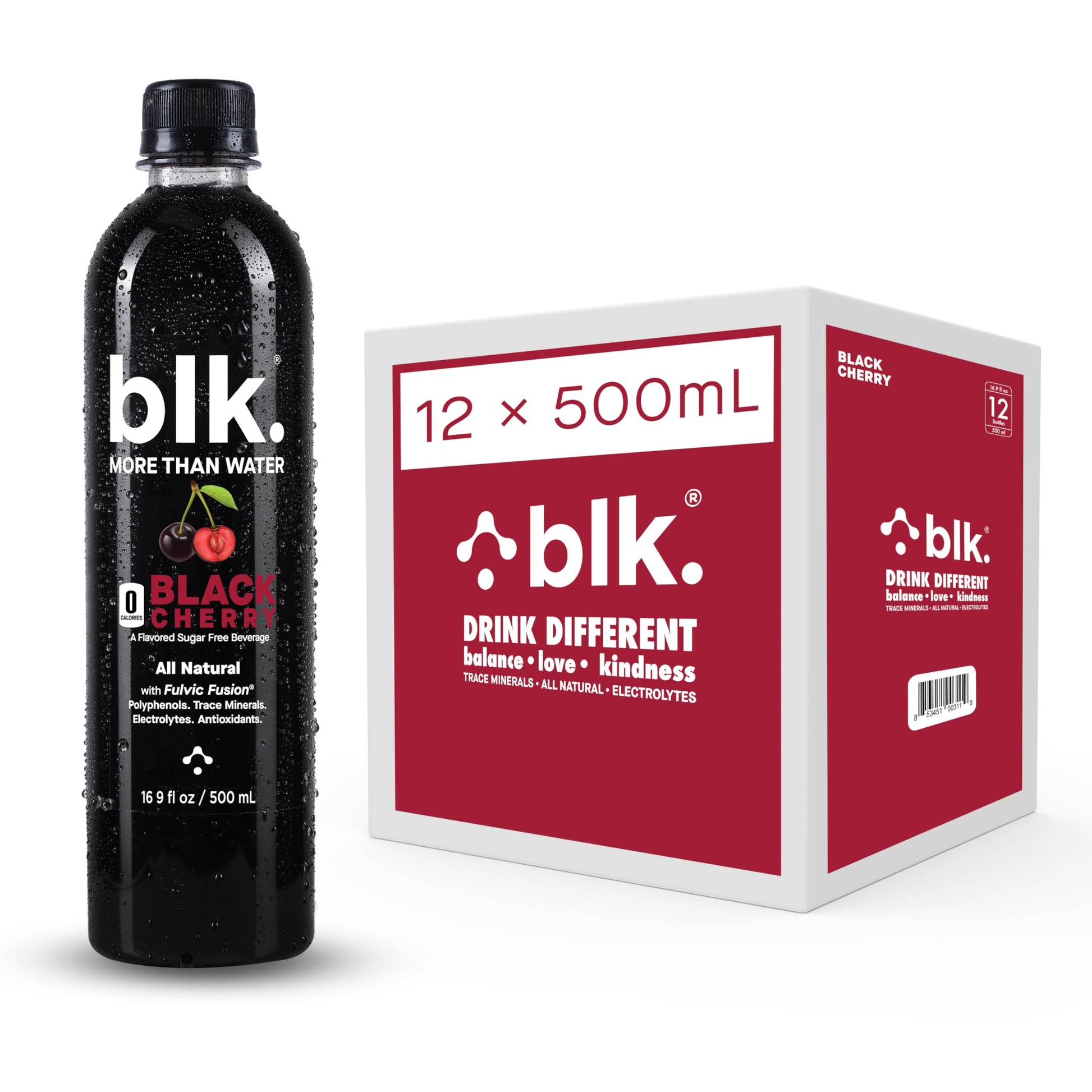 Blk. Natural Mineral Alkaline Water Electrolyte Infused With Fulvic And Amino Acids, Zero Sugar, Black Cherry Flavored, 500 Ml,