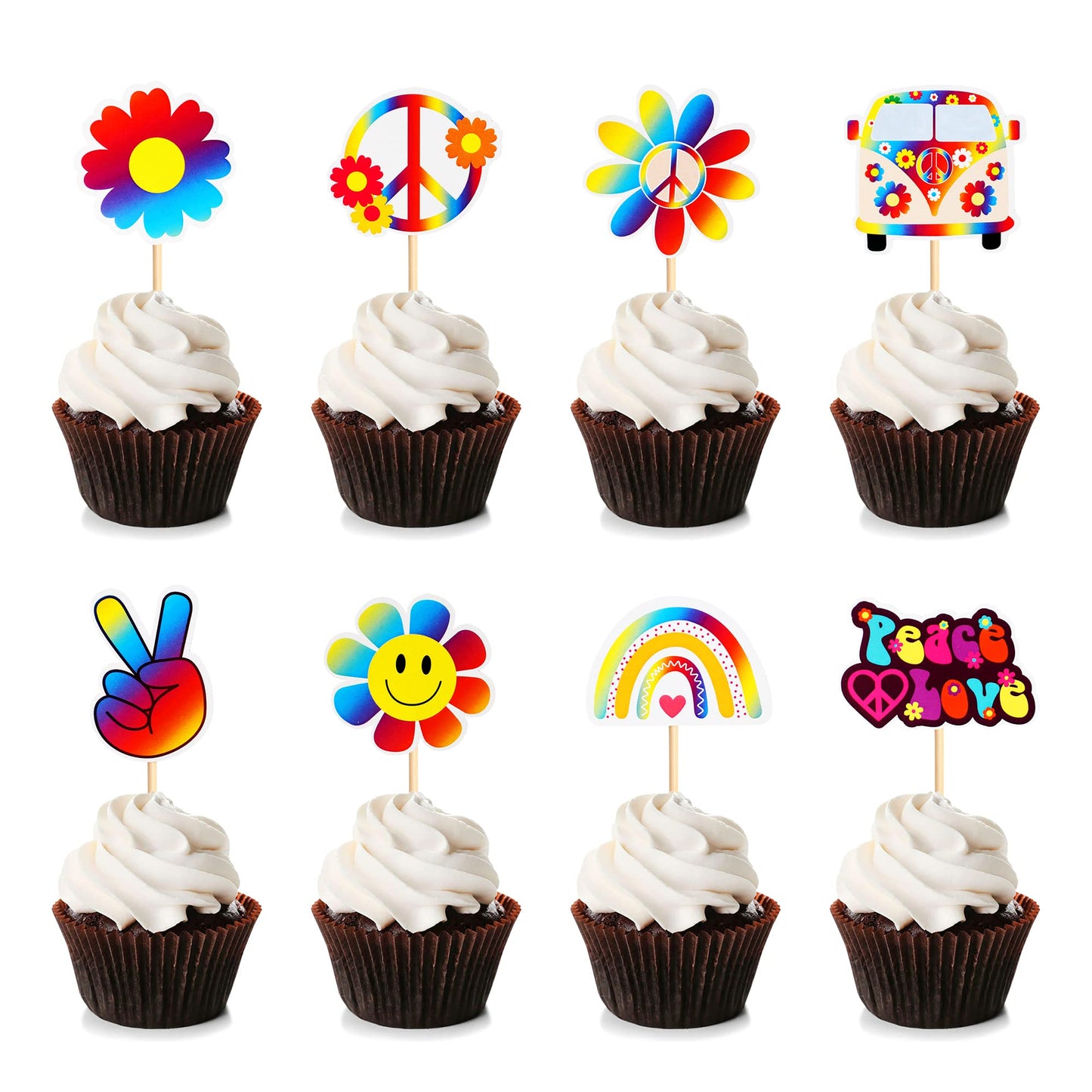 Keaziu 32 Pack Hippie Theme Cupcake Toppers Peace Sign Hand Cupcake Picks 60S Theme Flower Boho Rainbow Birthday Party Supplies